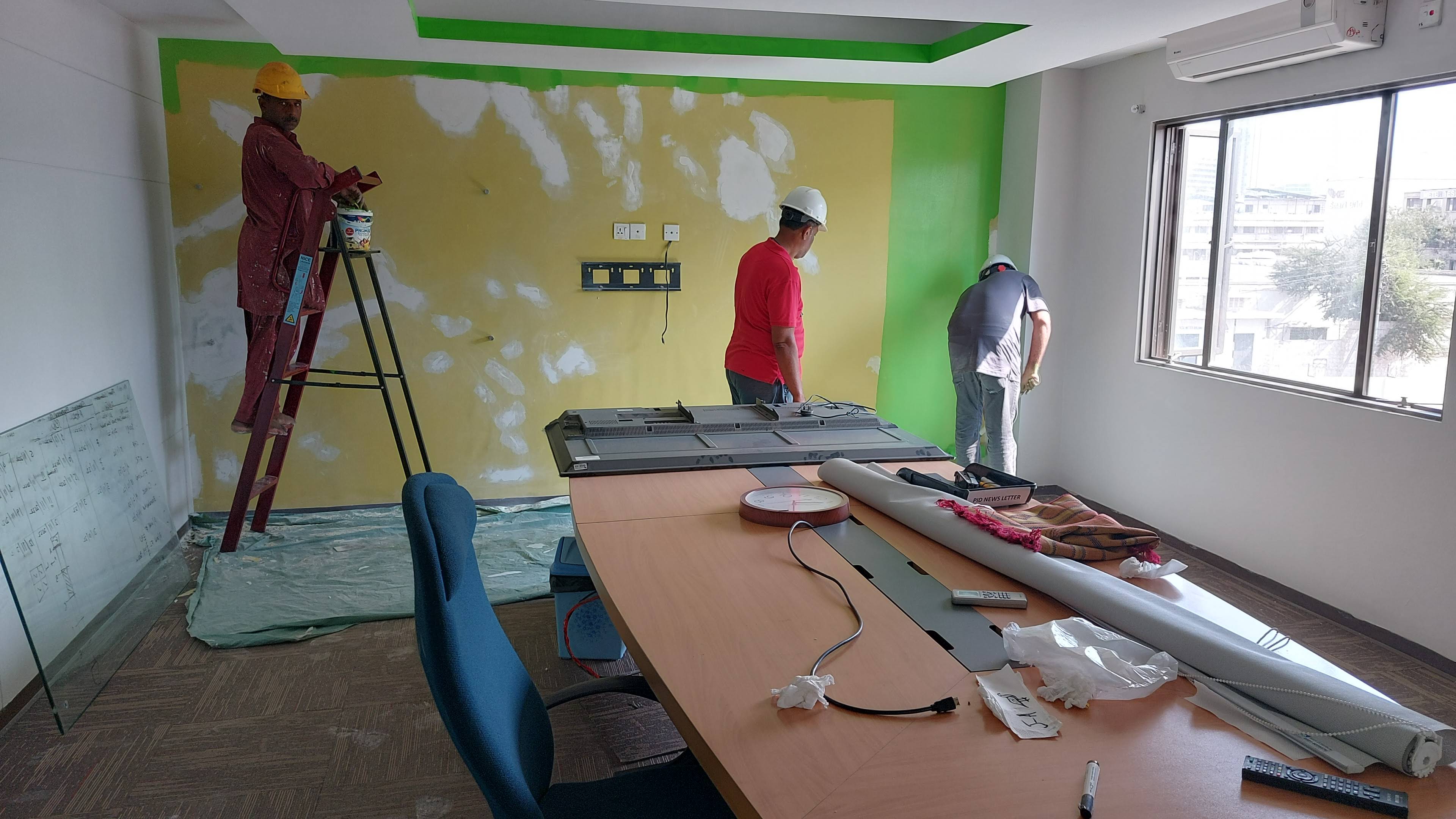An office meeting room is being renovated by Hudson Engineering Team.